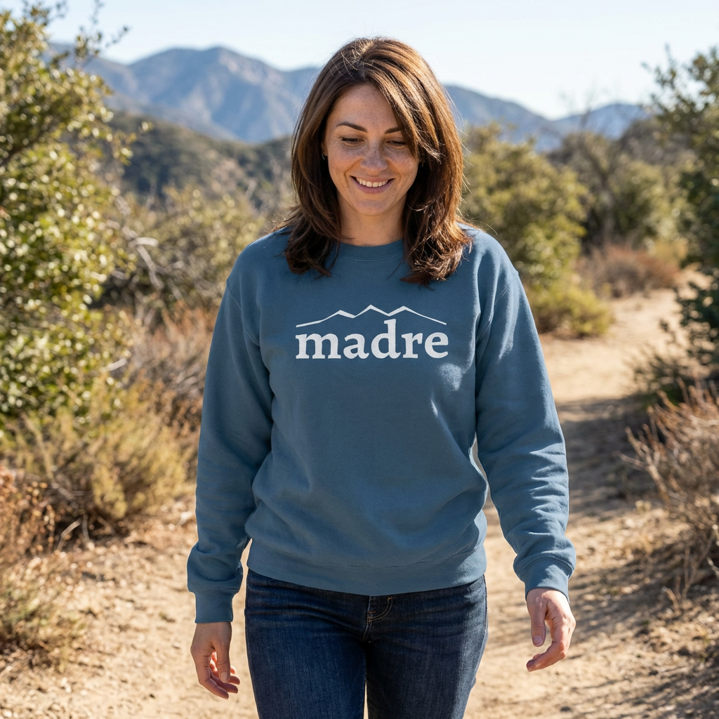 Madre Classic Embroidered Crewneck in Indigo Blue, worn on a Sierra Madre trail